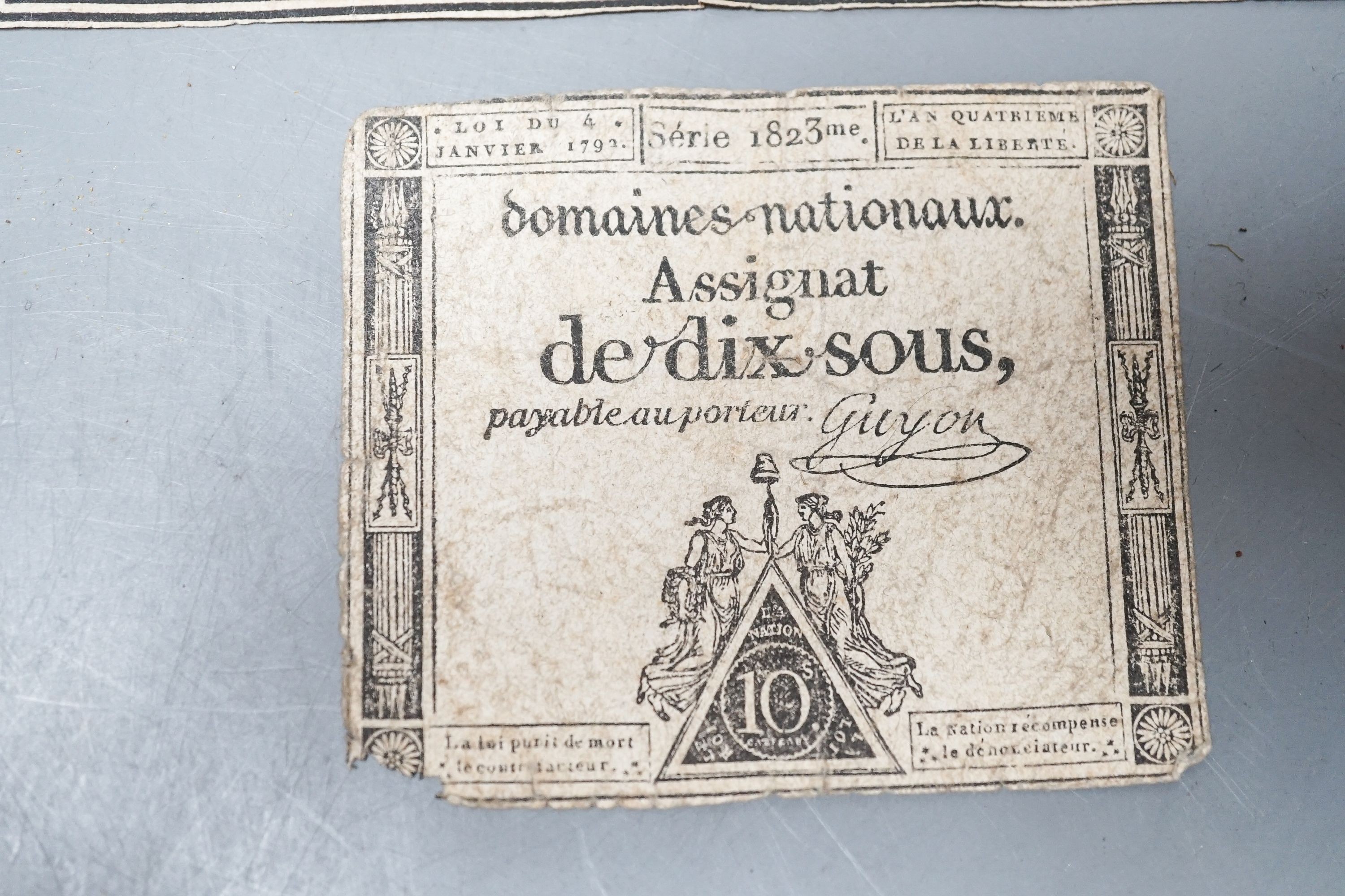 Bank notes; Republique Francaise, 'Assignat de Cent Vingt-cinq L', serie 2715/471, 9.5 x 16cm. and 'Assignat de dix sous', 1791, 6.5 x 7.5cm.